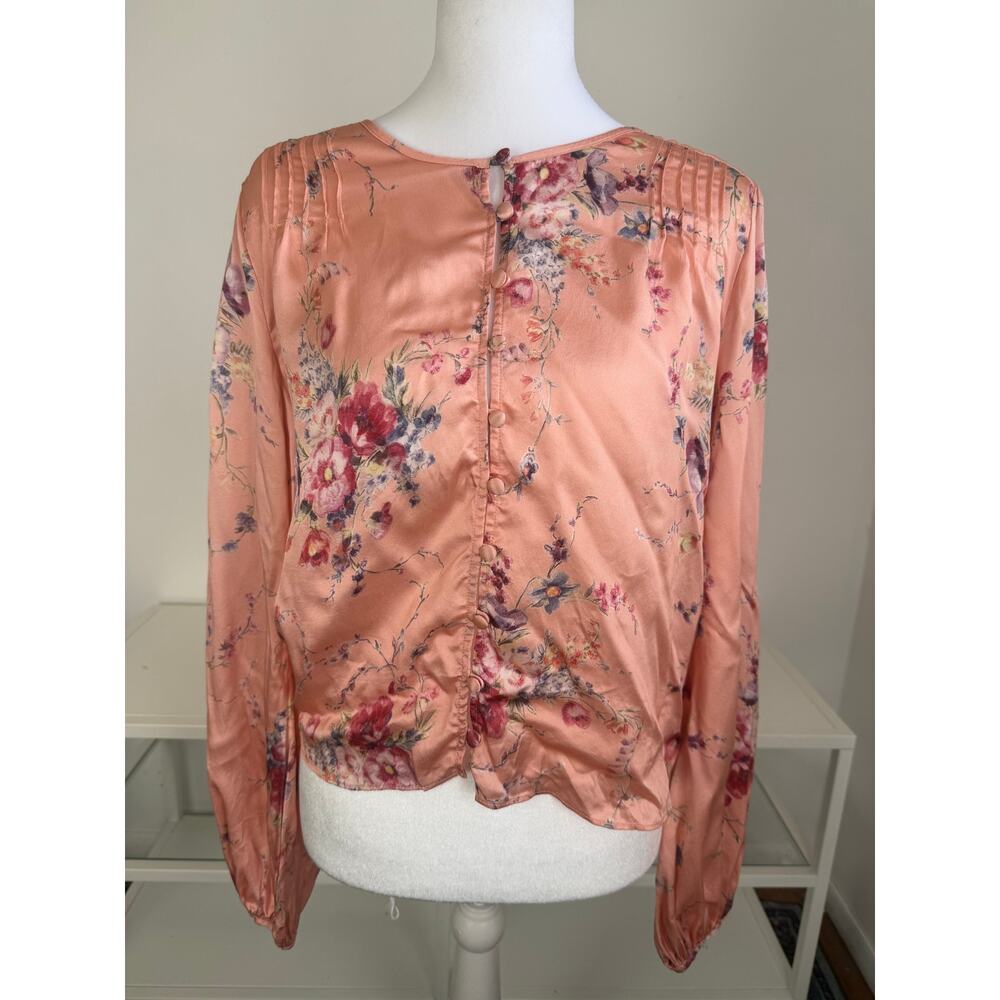 LoveShackFancy Womens Romantic Floral Silk Duchess Long Sleeve Peach Blouse XS